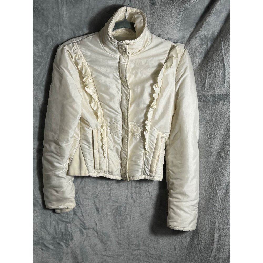 Obermeyer Vintage coat Cream Ruffle Embroidered Puffer Jacket Womens Size 10